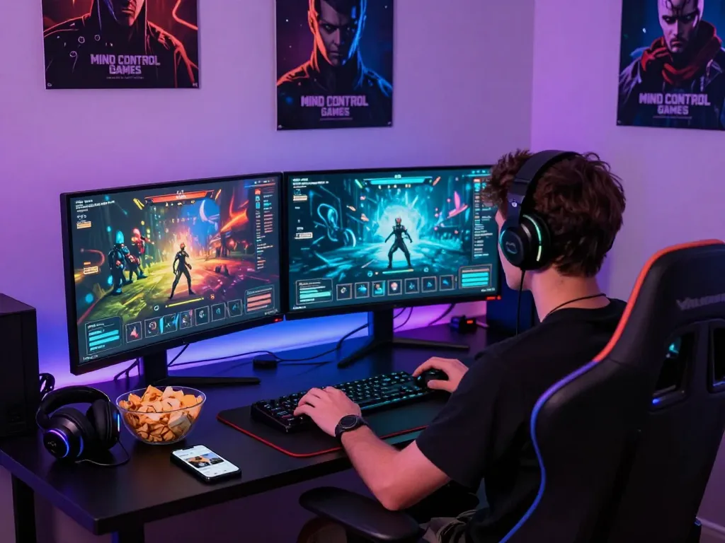Mind control porn player enjoying immersive mind control games in a vibrant gaming setup.