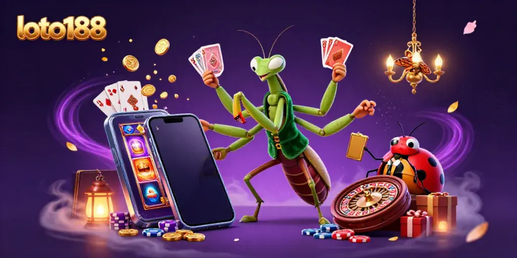 Experience lively gameplay featuring loto188 with a 3D mantis dealer and vibrant casino elements.