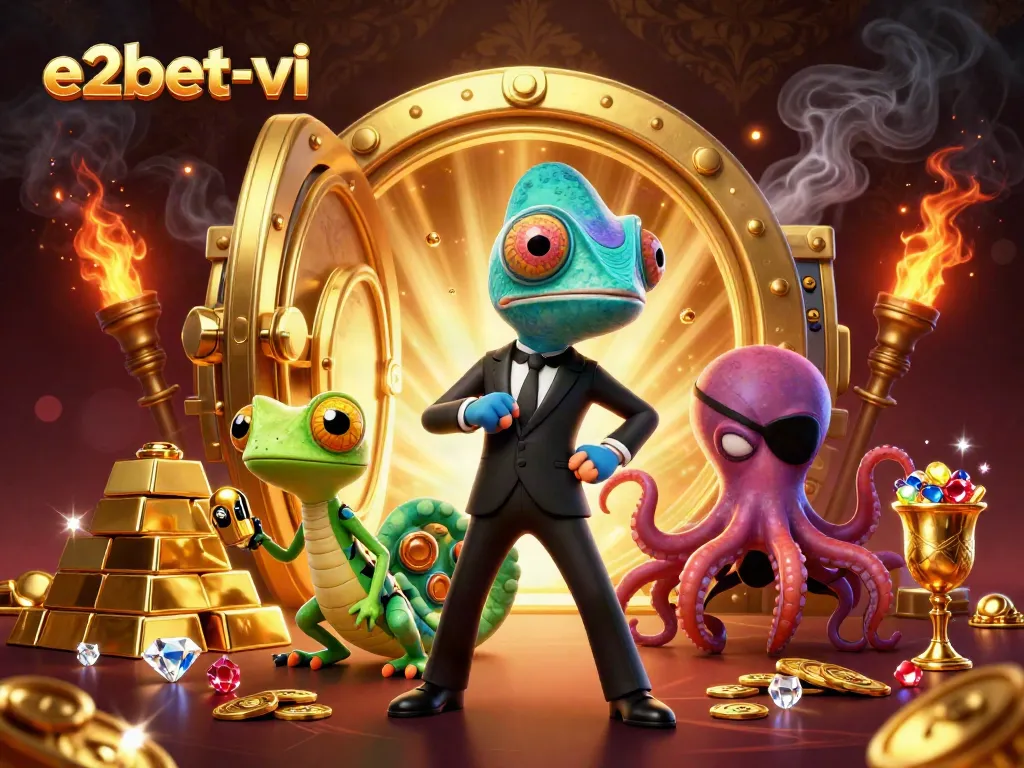 Experience thrilling gameplay at e2bet-vi with colorful casino characters amidst golden treasures.