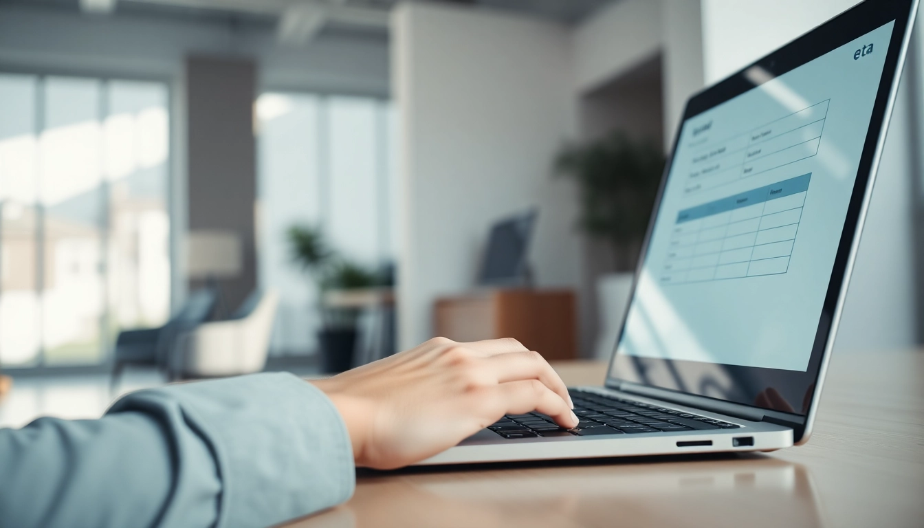 Completing the eta application uk on a laptop in a professional office setting.