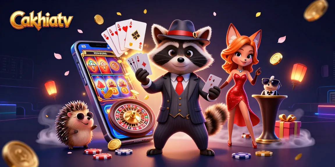 Cakhiatv features an engaging scene with a suave raccoon showcasing a royal flush, symbolizing winning strategies.