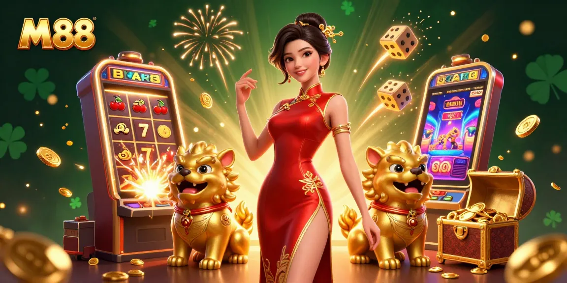 Experience the excitement of M 88 with a glamorous casino scene filled with vibrant game elements.