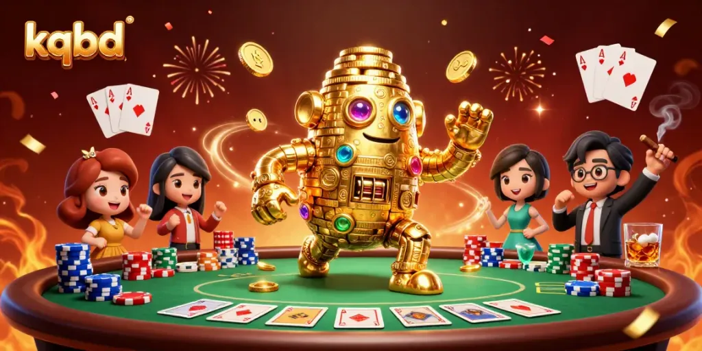 Engaging kqbd results show an animated golden golem surrounded by vibrant poker elements and celebratory graphics.