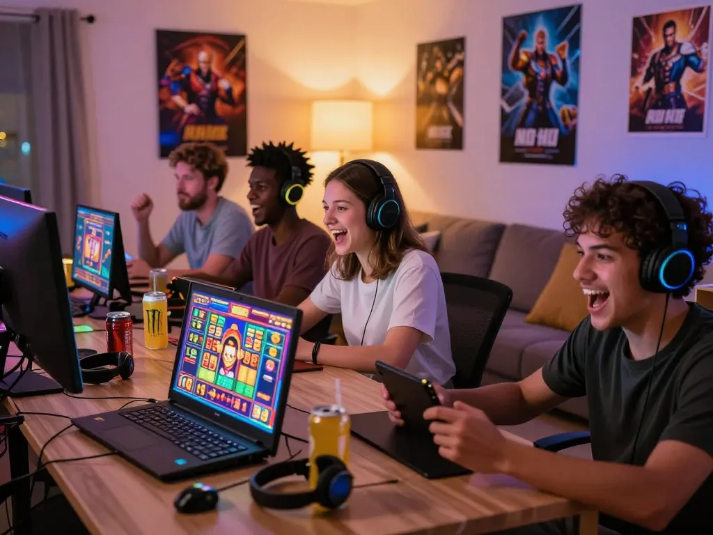 No Hu online gaming experience with diverse players enjoying thrilling slot games in a vibrant living room setting.