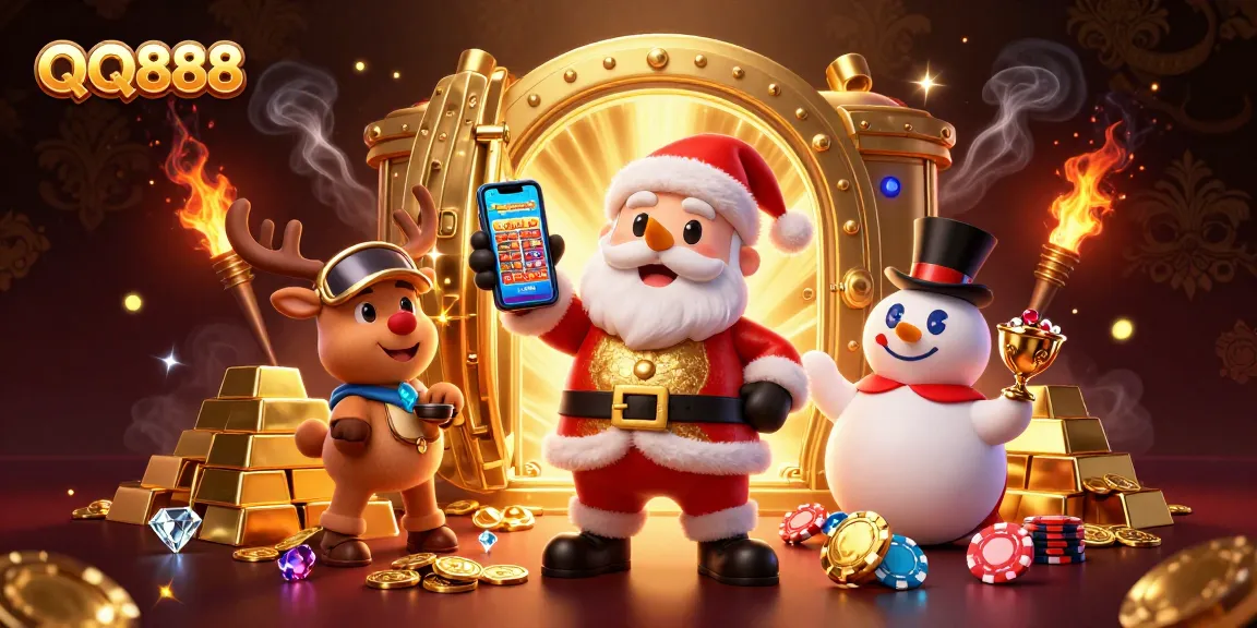 Experience thrilling jackpots at QQ888 with cheerful casino characters in a festive setting.
