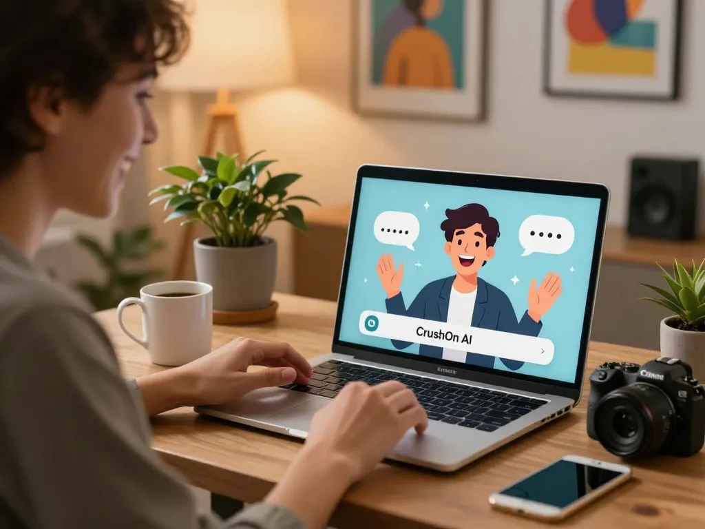 Engaging user interacting with CrushOn AI in a cozy home office.