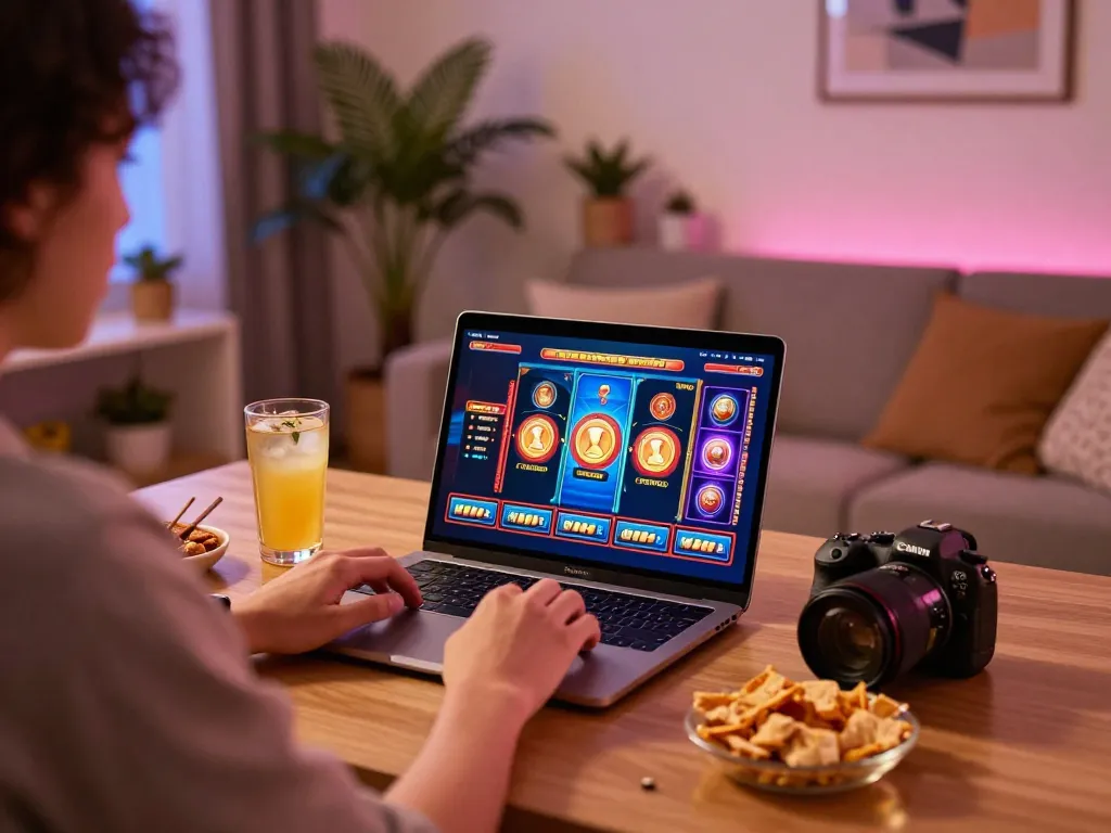 Player engaging in online slots at home, enjoying s666 gaming experience.