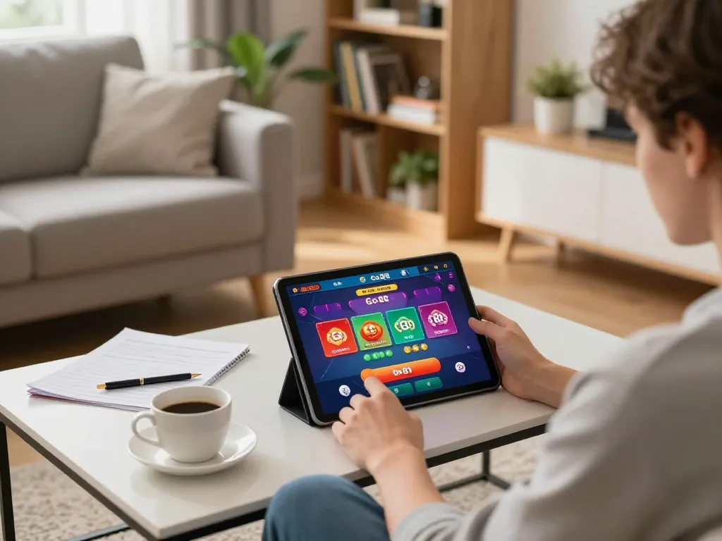 Người chơi chiến lược chơi trò chơi casino Go 88 trên máy tính bảng trong một phòng khách ấm cúng.
