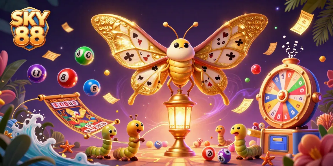 Engage with SKY 88 in this vibrant scene featuring casino elements and a majestic moth.