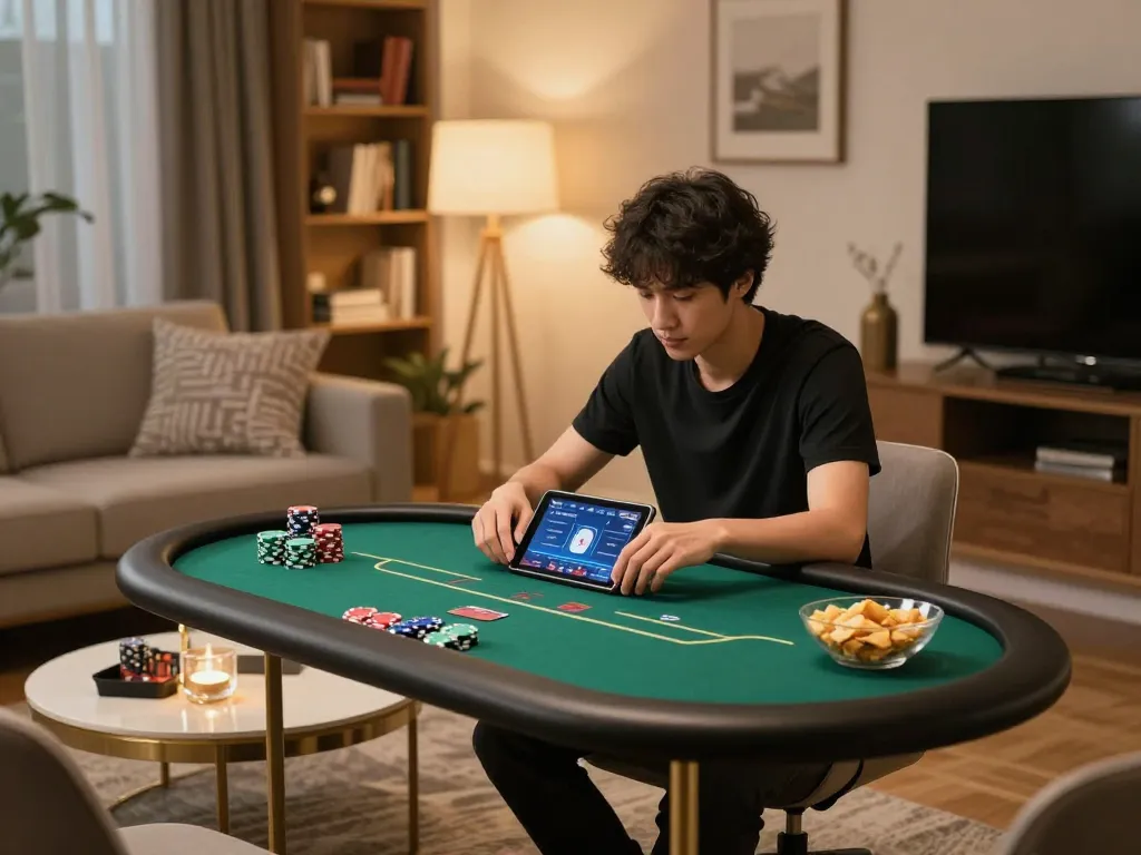 I9BET player enjoying poker in a cozy home environment with engaging gameplay elements