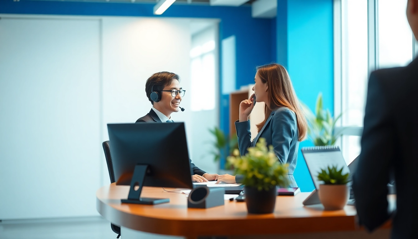AI Receptionist engaging with a customer at a modern desk.