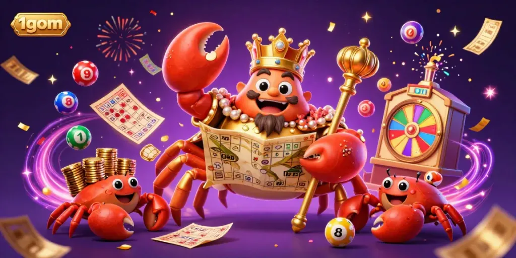 1gom's golden crab emperor engages players in a vibrant casino game, surrounded by lottery elements.