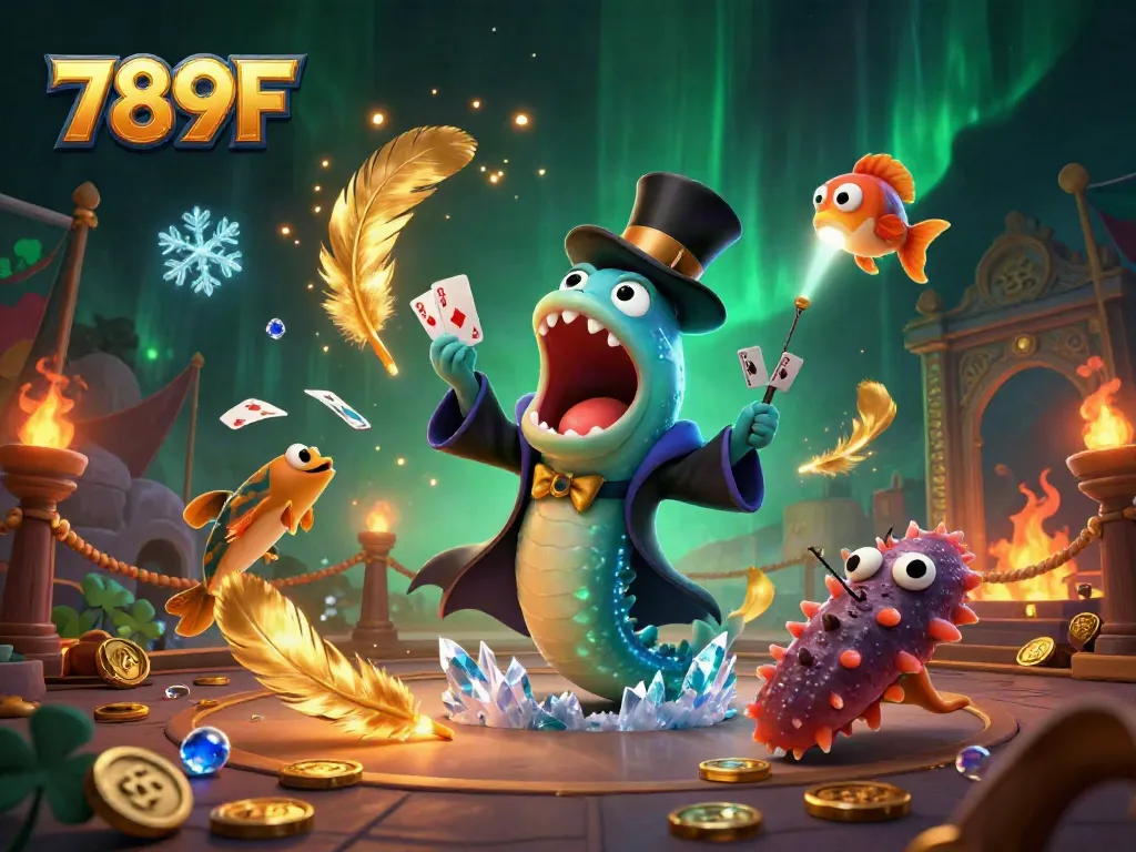 Experience thrilling card tricks by the bioluminescent gulper eel at 789F's magical casino scene.