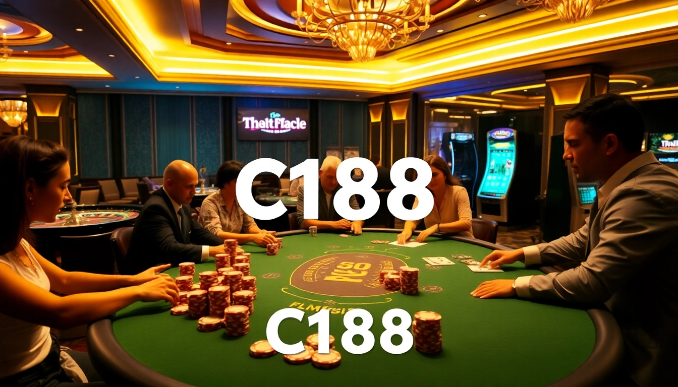 Players enjoying a high-stakes poker game at C168 casino, showcasing vibrant chips and warm lighting.