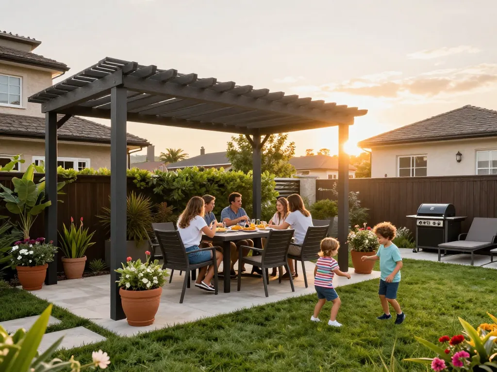 Configuratore 3D per pergole in a warm outdoor family gathering with modern pergola.