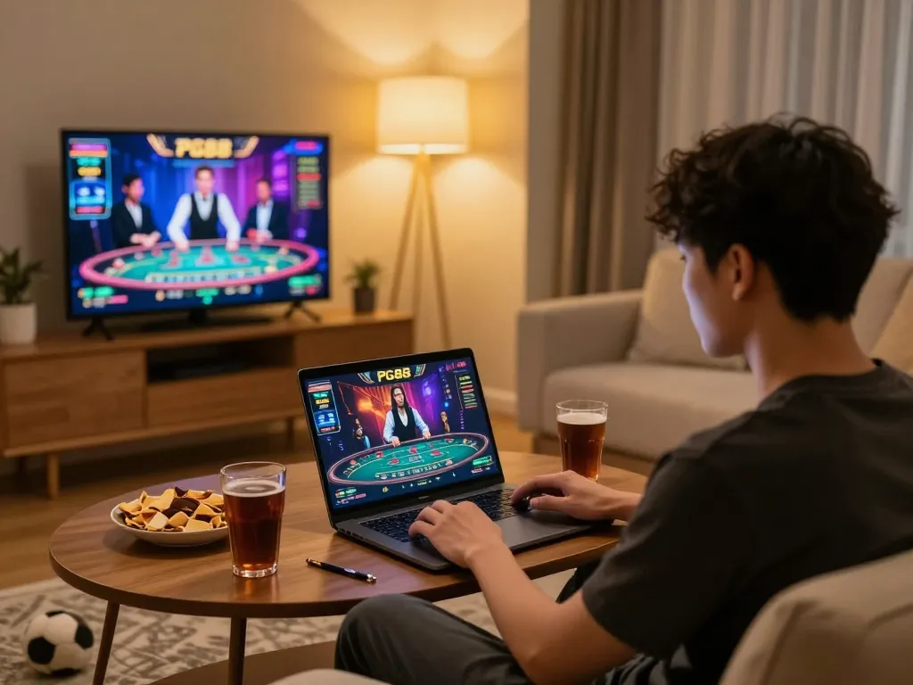 Engaging in PG88 online casino gameplay from a cozy home setting with immersive experience