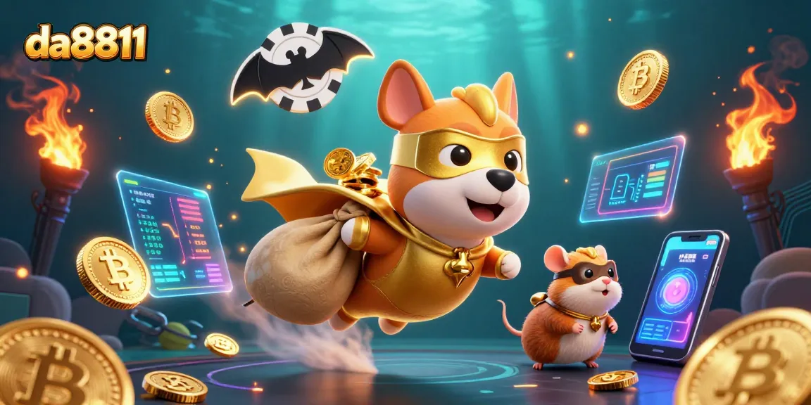 Experience thrilling gaming adventures with da8811, featuring a heroic dog and hamster navigating a sea of cryptocurrency and casino excitement.