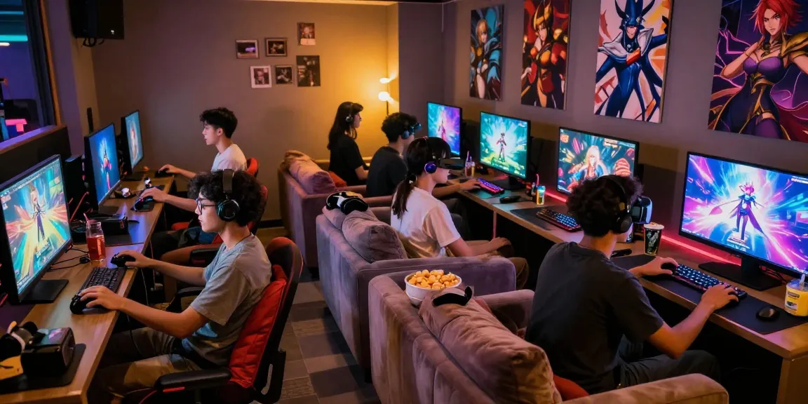 Engaged gamers enjoying a hentai game in a vibrant lounge environment with dynamic graphics.