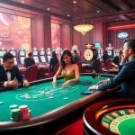 Cena empolgante de cassino na BL555, com jogadores em uma mesa de dealer ao vivo e fichas coloridas.