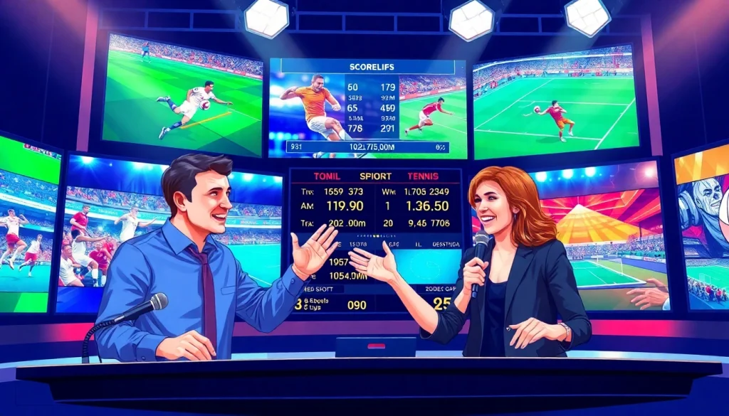 Dynamic sports broadcasting studio showcasing hosts and live game action.