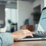 Completing the eta application uk on a laptop in a professional office setting.