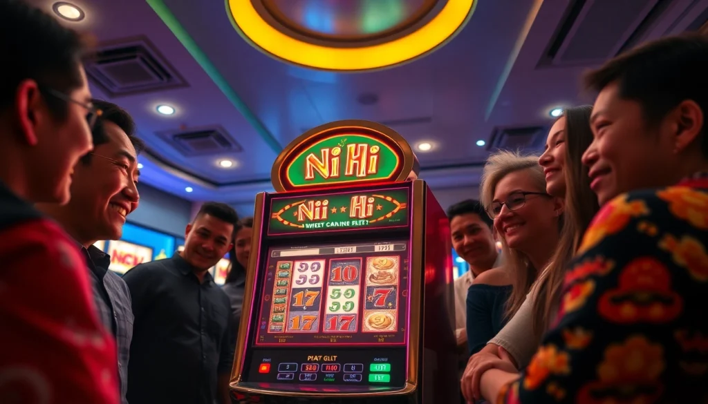 Nổ Hũ slot machine in a vibrant casino setting with players excitedly engaged in the game