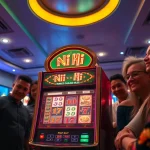 Nổ Hũ slot machine in a vibrant casino setting with players excitedly engaged in the game