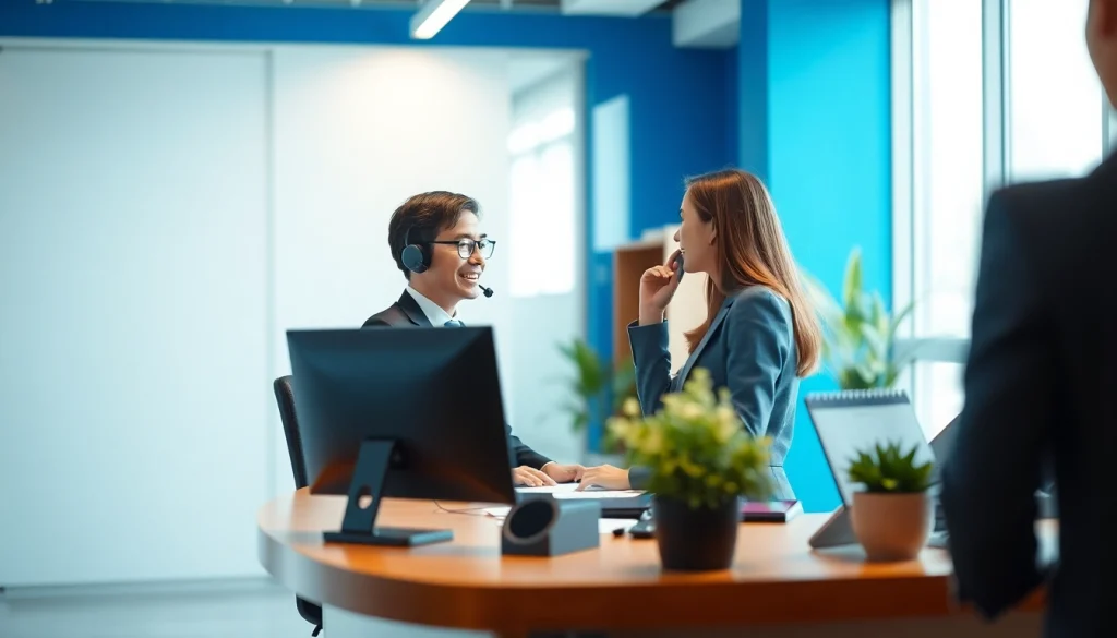 AI Receptionist engaging with a customer at a modern desk.