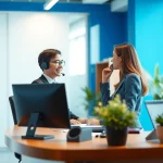 AI Receptionist engaging with a customer at a modern desk.