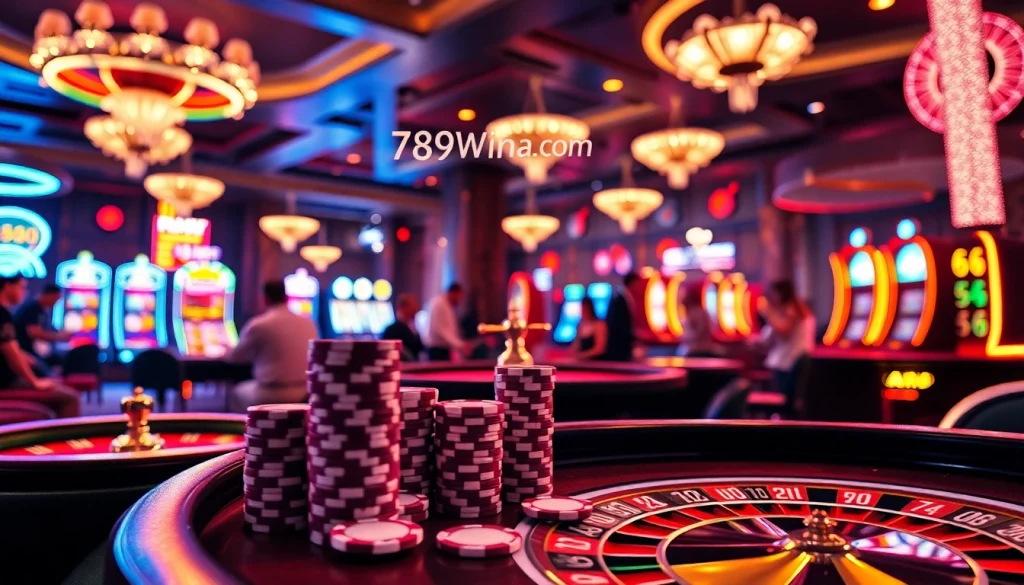 Experience thrilling wagers and luxurious play at 789winab.com with vibrant casino tables and spinning roulette wheels.