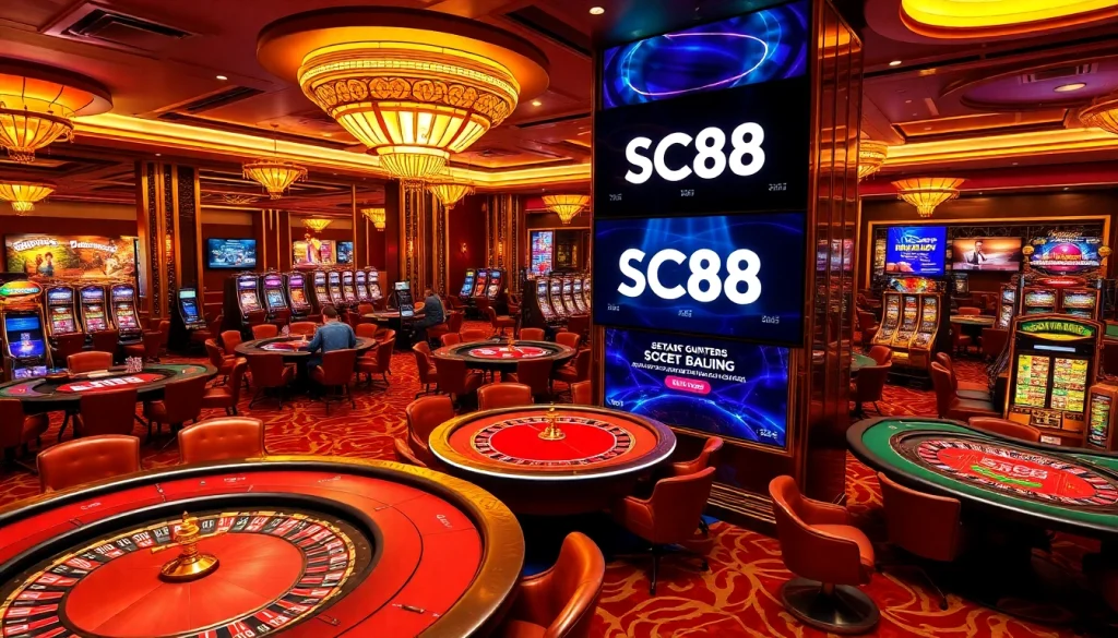 Experience the vibrant SC88 casino environment with players engaged at poker tables and roulette wheels.