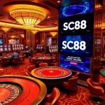 Experience the vibrant SC88 casino environment with players engaged at poker tables and roulette wheels.