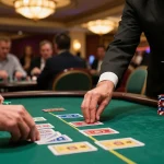 Experienced player strategizing at the blackjack table in a casino, showcasing sc88 betting techniques with focused intensity.