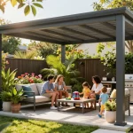 Una famiglia che utilizza un configuratore pergole online per progettare il proprio spazio esterno perfetto con una pergola bioclimatica.