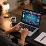 SX88 player engaging in online blackjack strategy with laptop and notes.