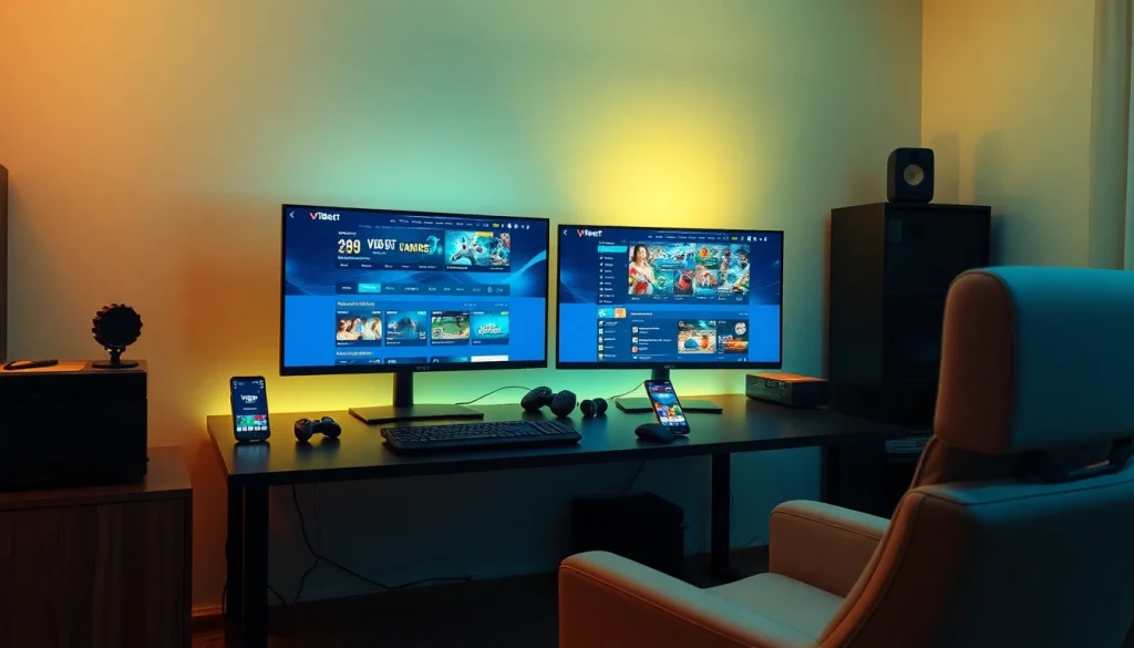 Engaging online gaming scene featuring the V9bet platform, showcasing a modern home office with betting options.