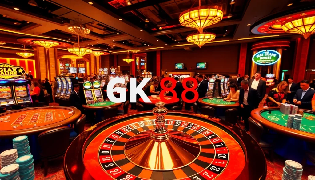 Players engaging at high-stakes games with GK 88; vibrant casino atmosphere filled with excitement and luxury.