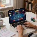 Engaging online casino gaming scene at https://mm88.vin/ with poker tables on laptop, showing strategic bets.