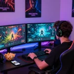 Mind control porn player enjoying immersive mind control games in a vibrant gaming setup.