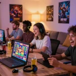 No Hu online gaming experience with diverse players enjoying thrilling slot games in a vibrant living room setting.