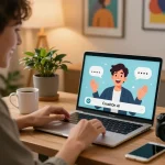 Engaging user interacting with CrushOn AI in a cozy home office.