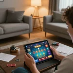 Engaging in online gaming while tải game tg88 on a tablet in a cozy home setting.
