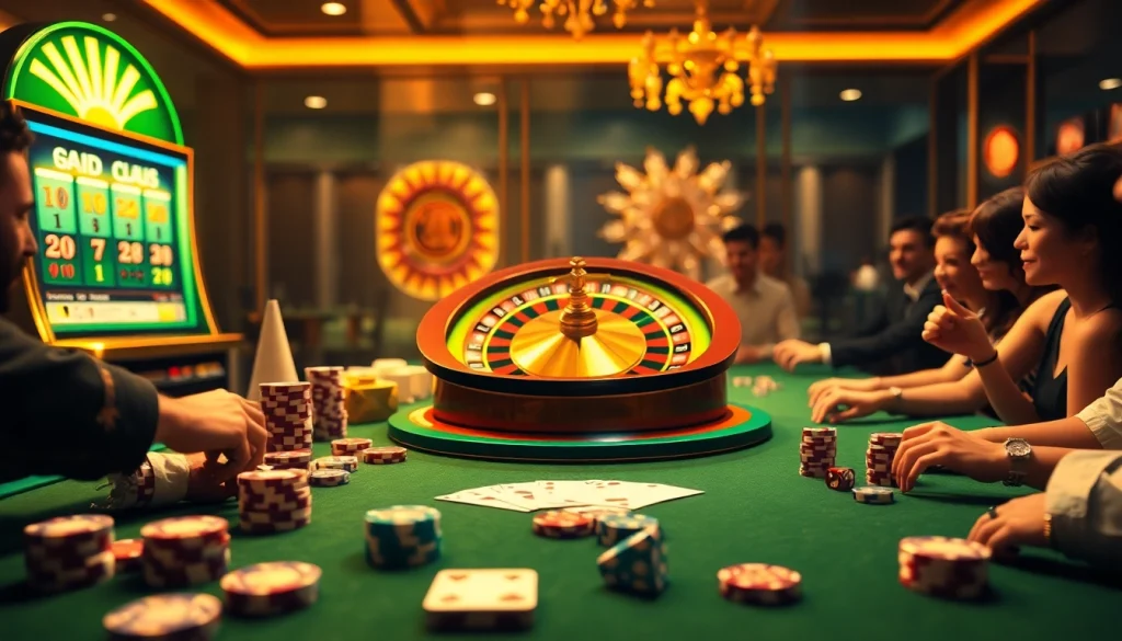 Gamblers enjoying a thrilling moment at the uu88 company casino table with roulette and poker elements.