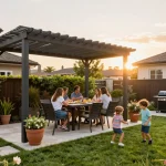 Configuratore 3D per pergole in a warm outdoor family gathering with modern pergola.