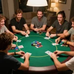 Players engage in a thrilling poker game at home, showcasing Jun88's social gambling experience.