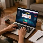 CWIN player strategizing during online poker session at home.