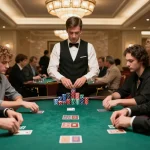 Engaged players at a poker table in a vibrant casino setting, showcasing the excitement of m88zo gambling.