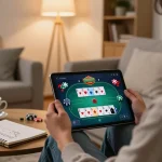 Playing poker on the lc88 app at home, featuring engaging gameplay and personal strategy notes.