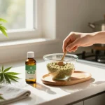 Scena di benessere naturale con Vaporizzatori THC e olio di CBD in una cucina luminosa, promuovendo la salute biologica.