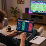 Engaging online sports betting scene featuring tỷ lệ kèo trực tuyến displayed on laptop, person excitedly placing bets.